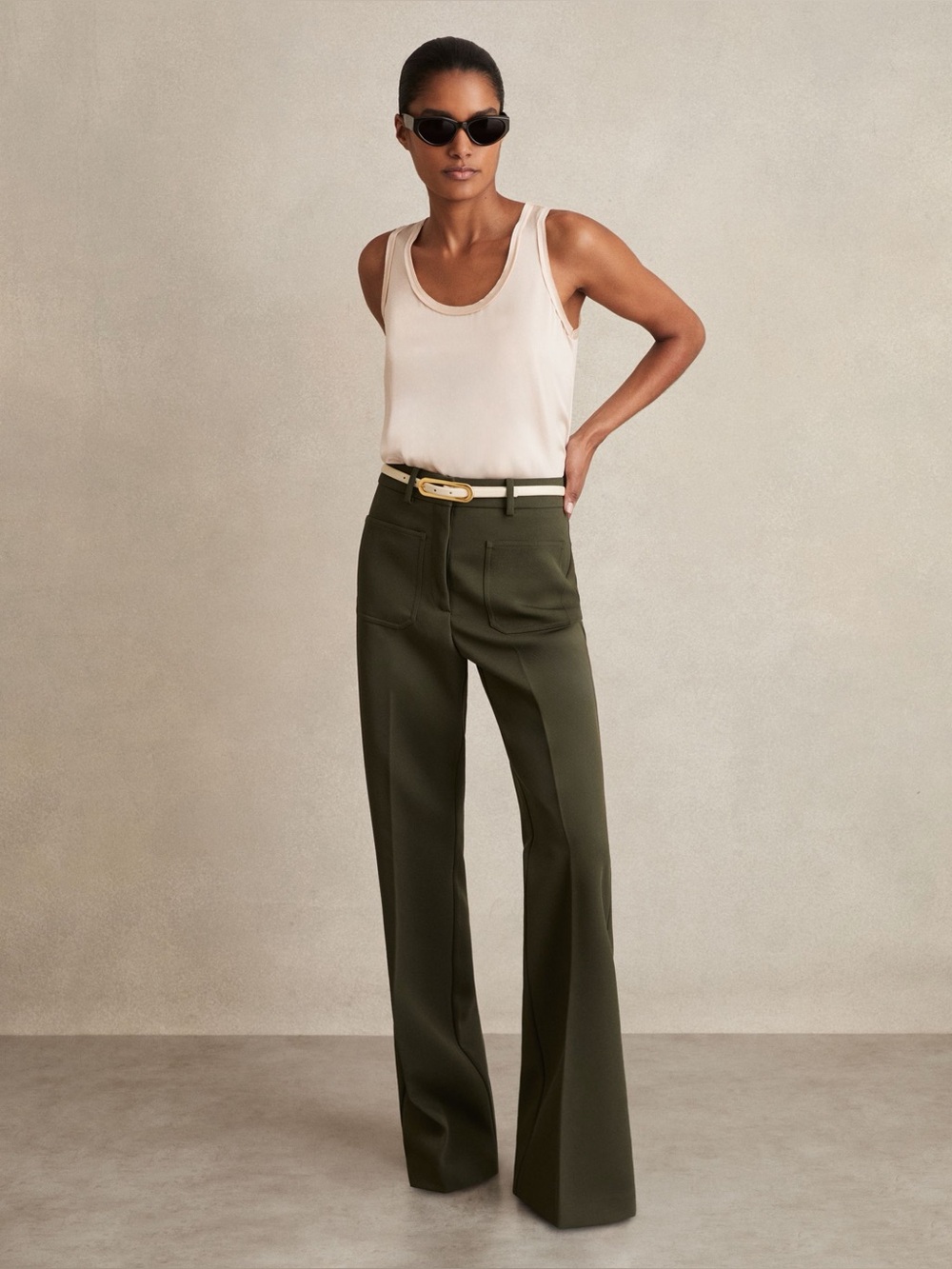 NWT Reiss Twill Patch-Pocket Flared Trousers in Green